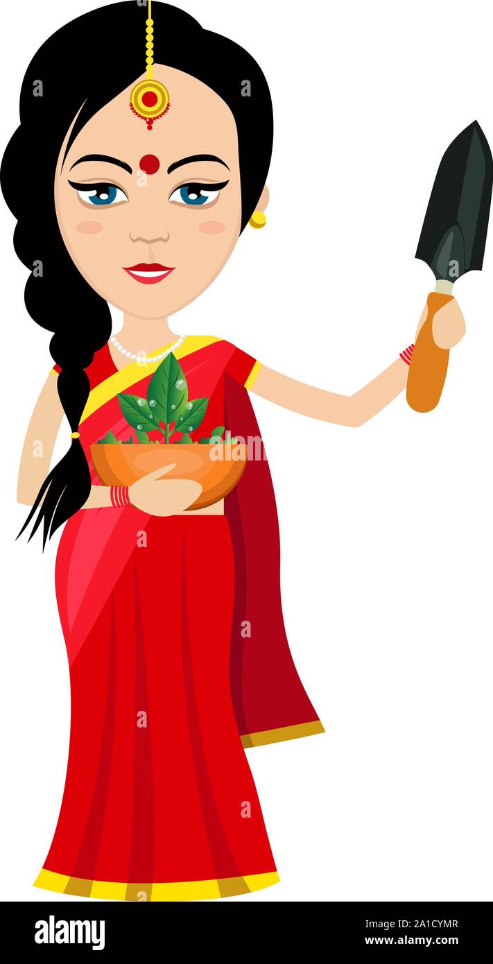 Donna indiana con impianto , illustrazione, vettore su sfondo bianco. Illustrazione Vettoriale