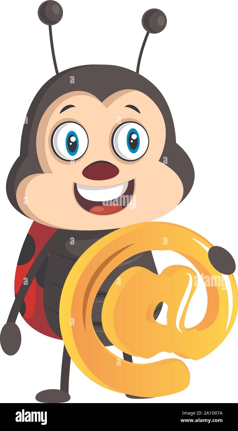 Lady bug con segno @, Illustrazione Vettore su sfondo bianco. Illustrazione Vettoriale
