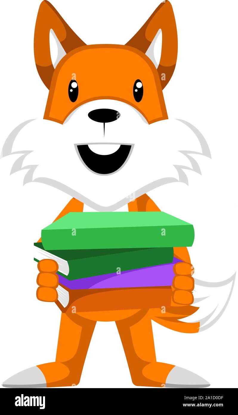 Fox con libri, illustrazione, vettore su sfondo bianco. Illustrazione Vettoriale