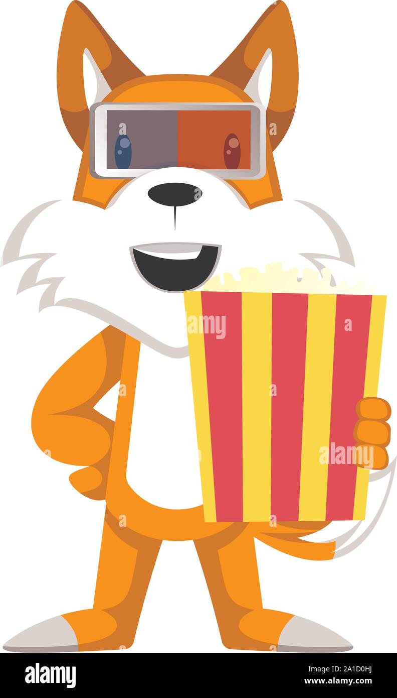 Fox con popcorn, illustrazione vettore su sfondo bianco. Illustrazione Vettoriale