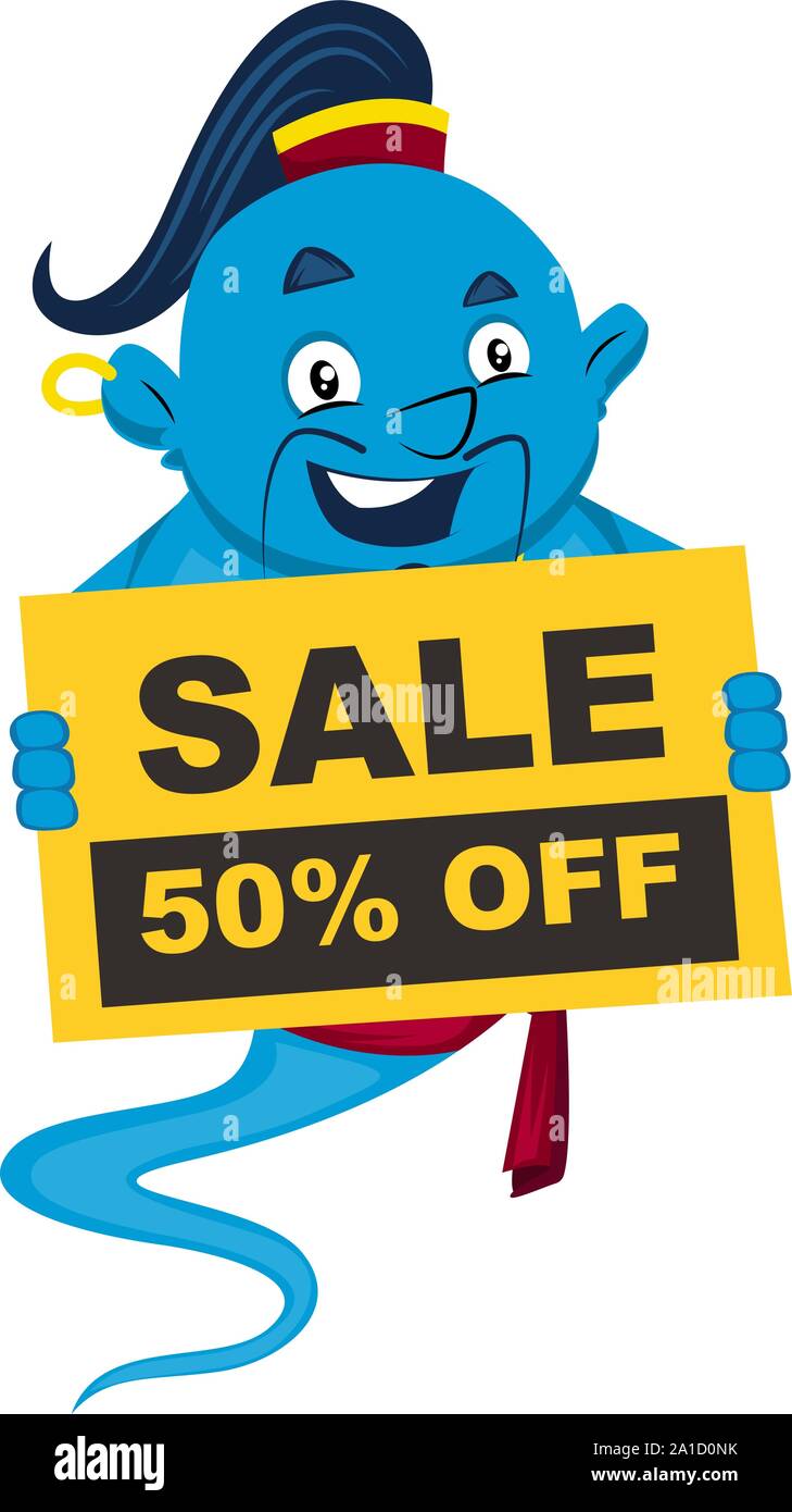 Genie con vendita segno, illustrazione, vettore su sfondo bianco. Illustrazione Vettoriale