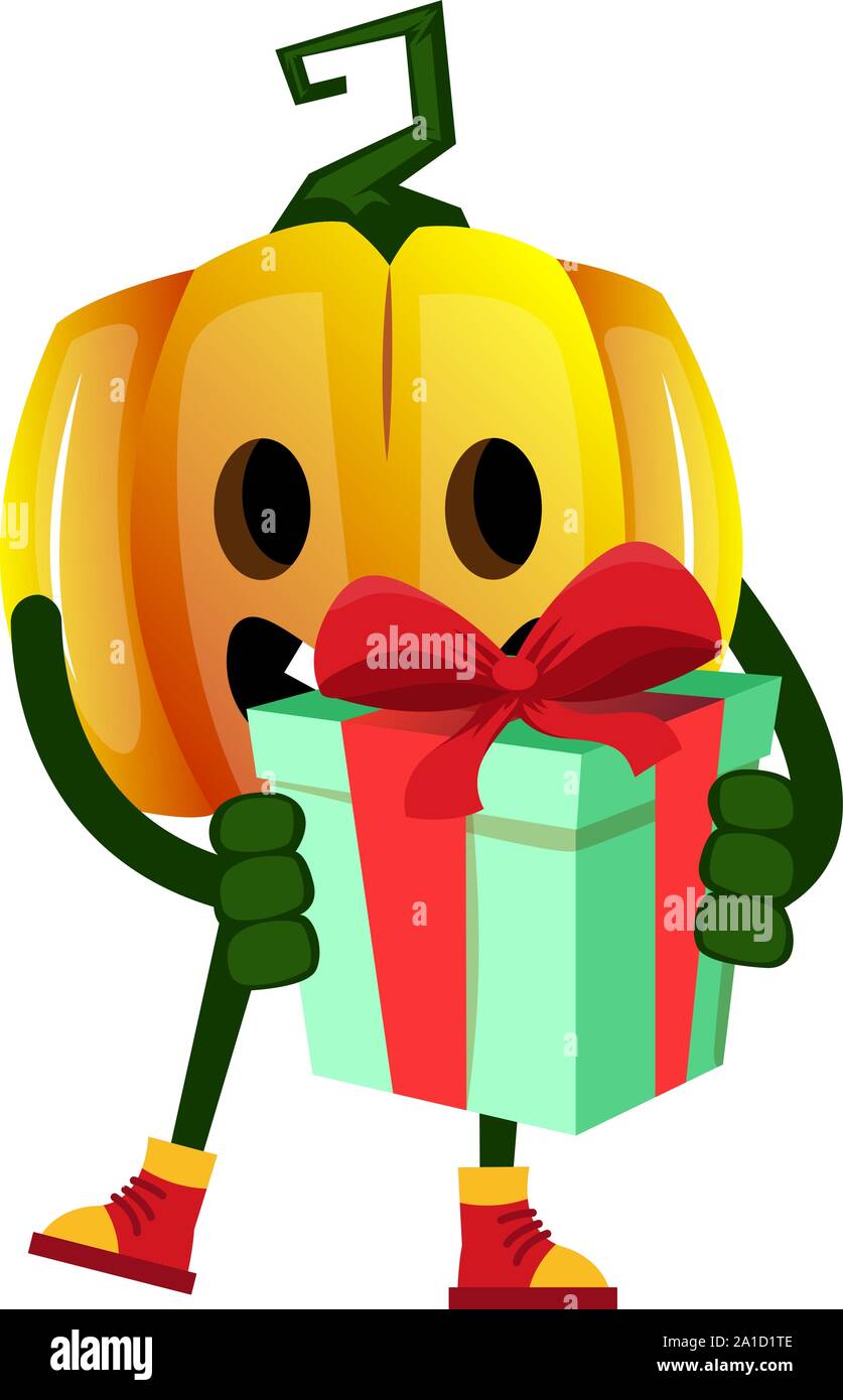 La zucca con il regalo di compleanno, illustrazione vettore su sfondo bianco. Illustrazione Vettoriale