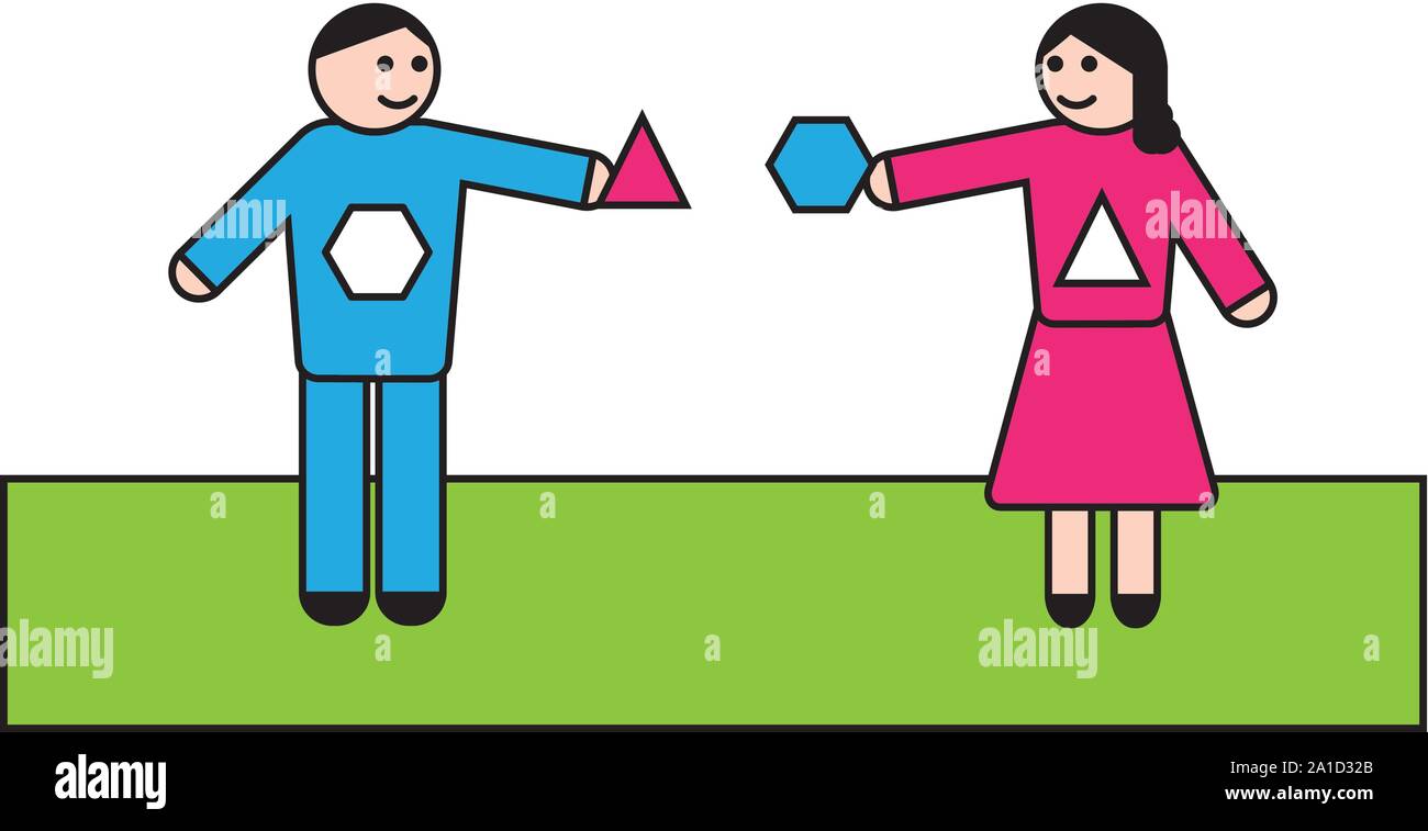 Uomo e donna con ciascun pezzo in mano per completare ogni altro Illustrazione Vettoriale