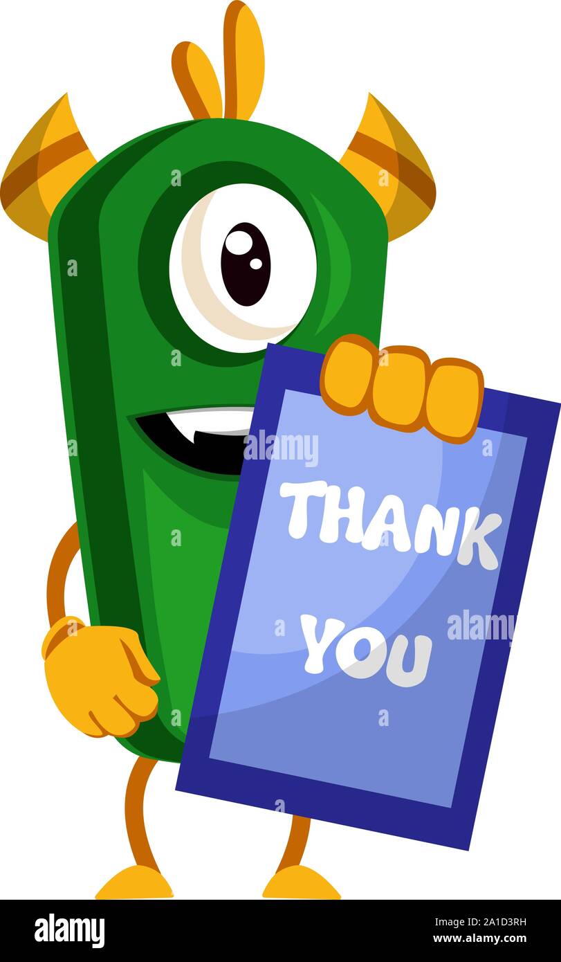 Mostro con la ringrazio segno, illustrazione, vettore su sfondo bianco. Illustrazione Vettoriale