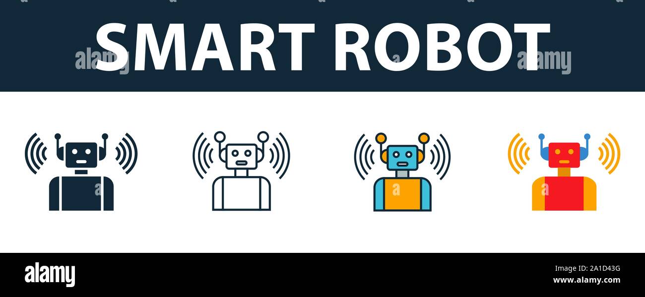 Robot Intelligente icon set. Simbolo di Premium in stili diversi dai dispositivi intelligenti raccolta di icone. Creative smart icona robot riempito, bordato e colorato Illustrazione Vettoriale