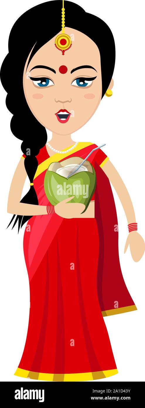 Donna indiana con cocktail , illustrazione, vettore su sfondo bianco. Illustrazione Vettoriale