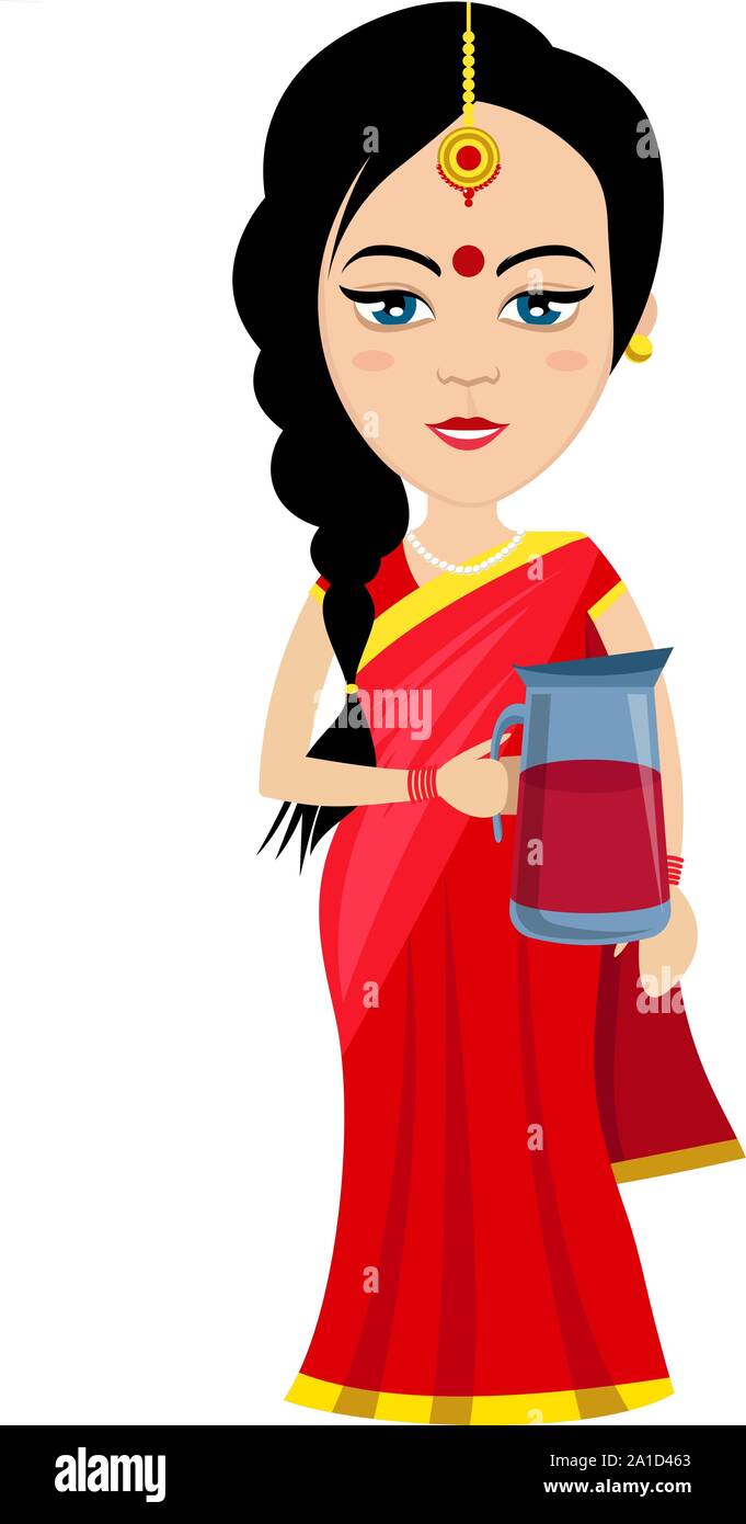 Donna indiana con succo, illustrazione vettore su sfondo bianco. Illustrazione Vettoriale