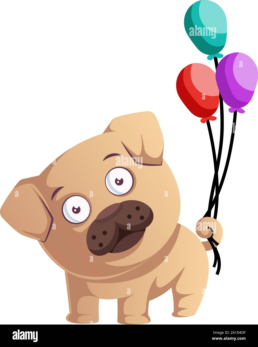 Pug con palloncini, illustrazione vettore su sfondo bianco. Illustrazione Vettoriale