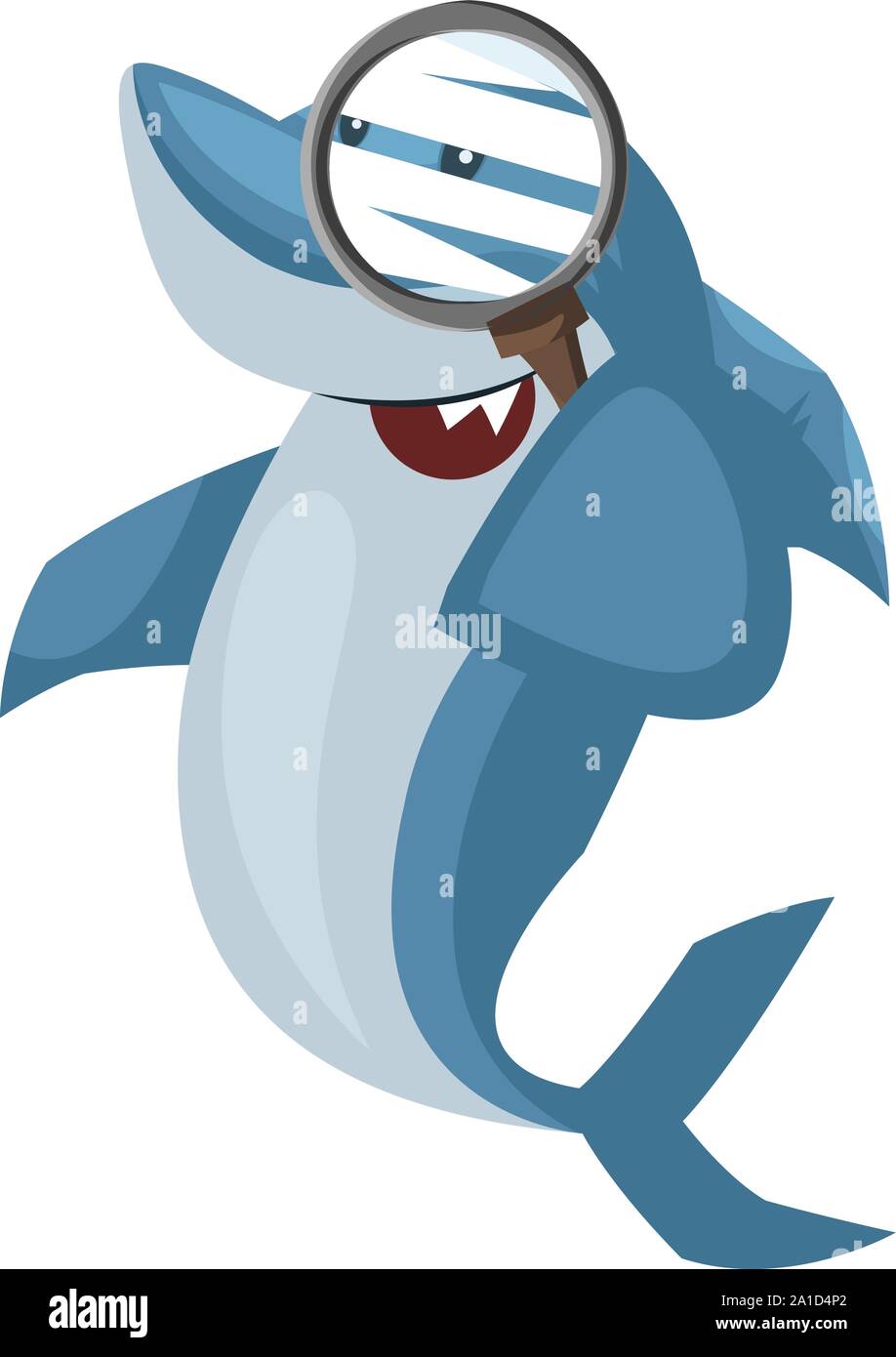 Shark con lente di ingrandimento, illustrazione vettore su sfondo bianco. Illustrazione Vettoriale