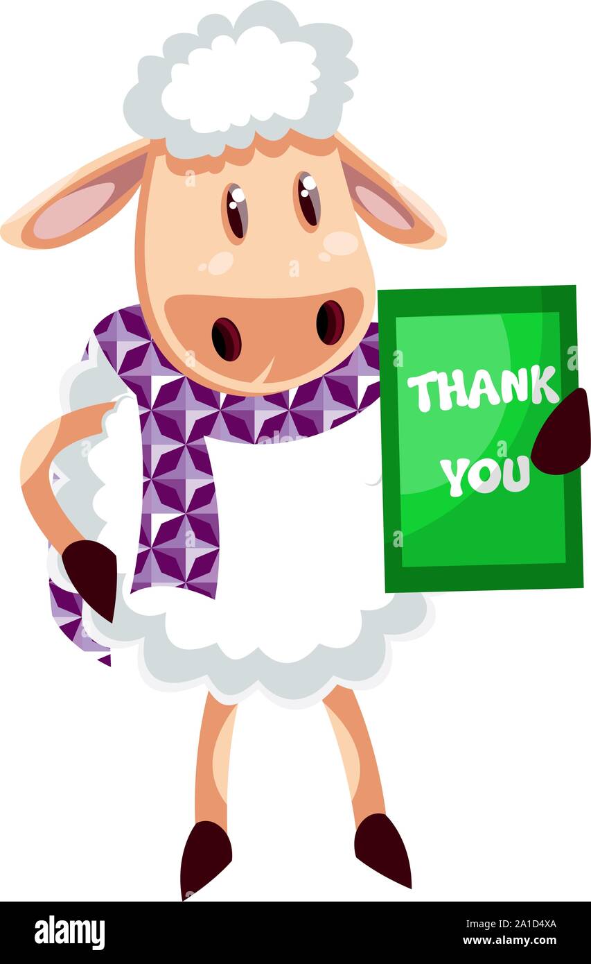 Pecora con nota di ringraziamento, illustrazione vettore su sfondo bianco. Illustrazione Vettoriale