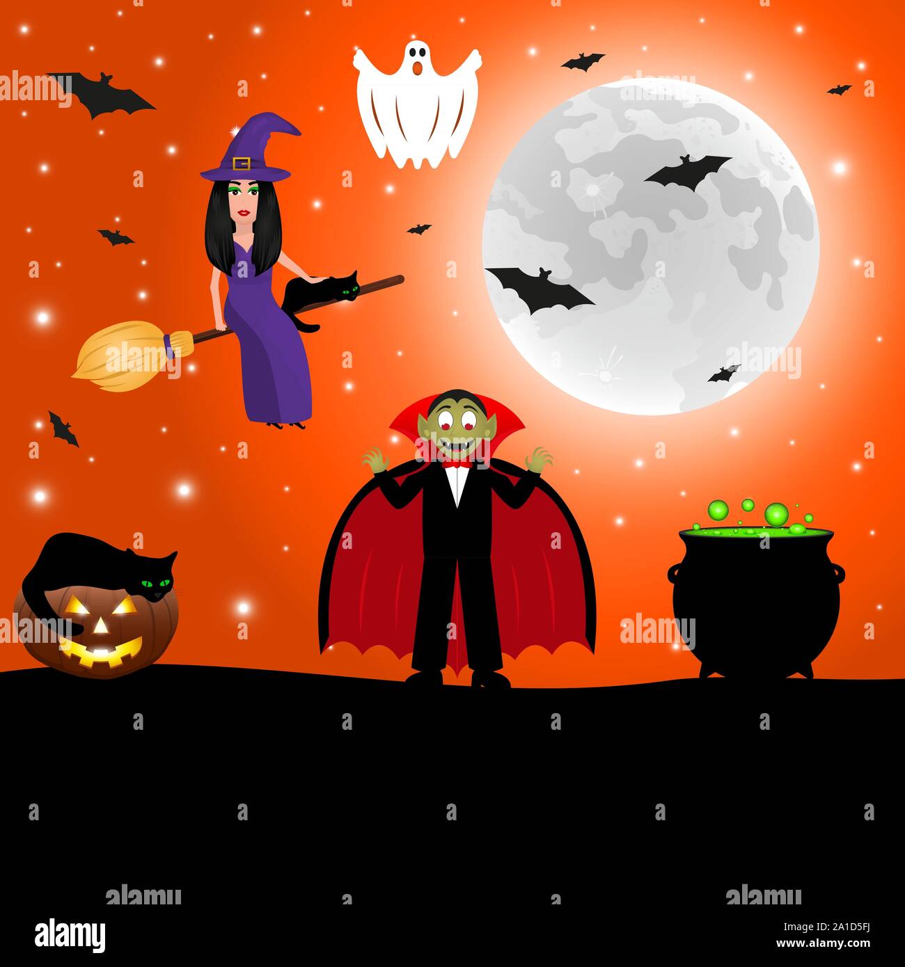Strega con un gatto su una scopa per Halloween contro lo sfondo della luna con i pipistrelli. Illustrazione Vettoriale