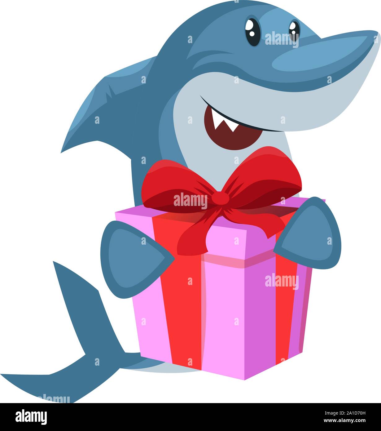 Shark con il regalo di compleanno, illustrazione vettore su sfondo bianco. Illustrazione Vettoriale