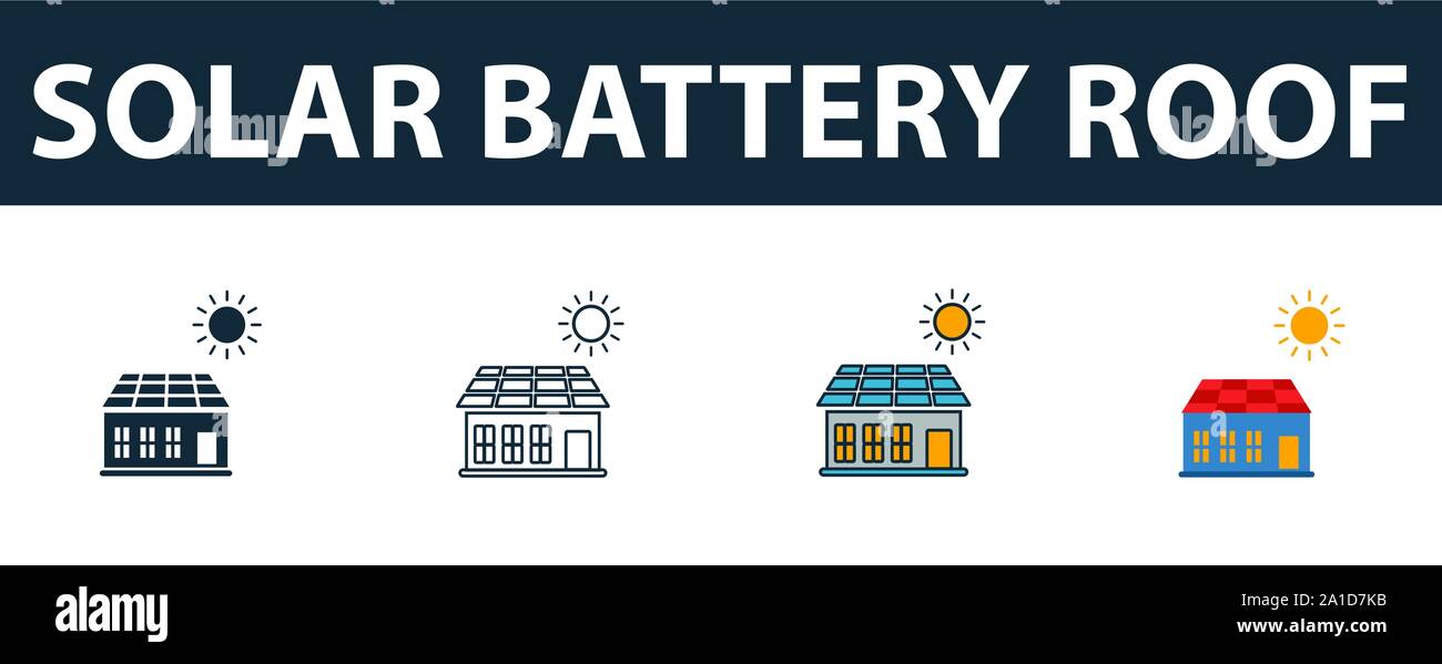 Batteria solare sul tetto set di icone. Simbolo di Premium in stili diversi dai dispositivi intelligenti raccolta di icone. Creative batteria solare icona del tetto riempiti, contorno Illustrazione Vettoriale