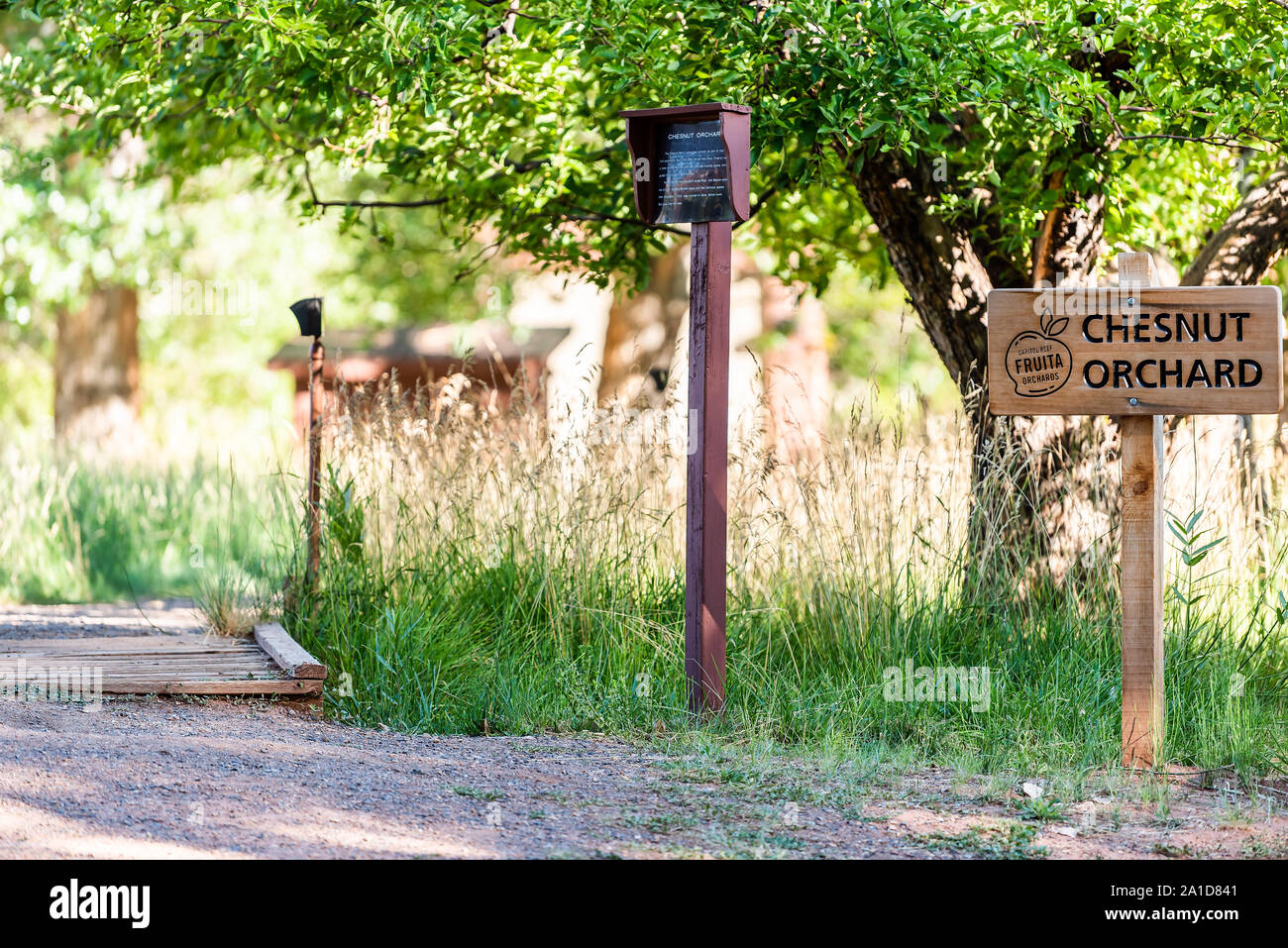 Fruita, Stati Uniti d'America - 1 Agosto 2019: campo di fattoria con segno per Castagneto a Capitol Reef National Monument in estate con nessuno Foto Stock