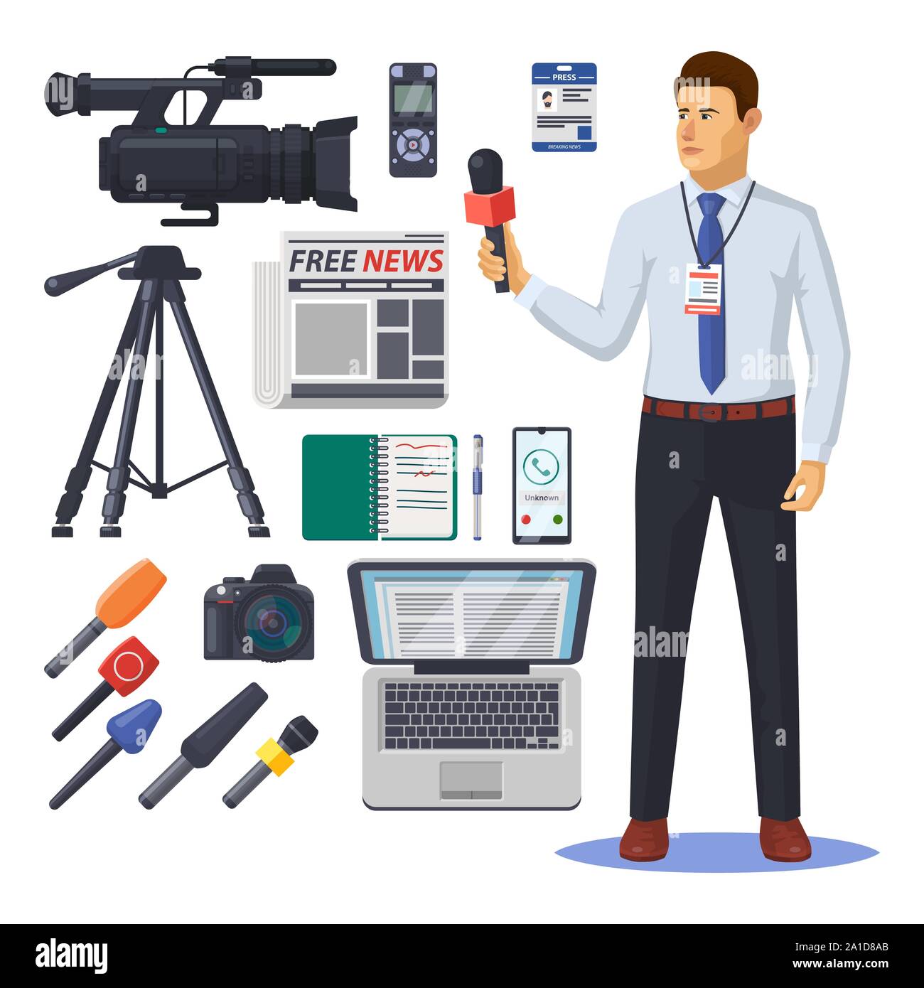 News reporter con microfono. Voce di giornalismo Illustrazione Vettoriale