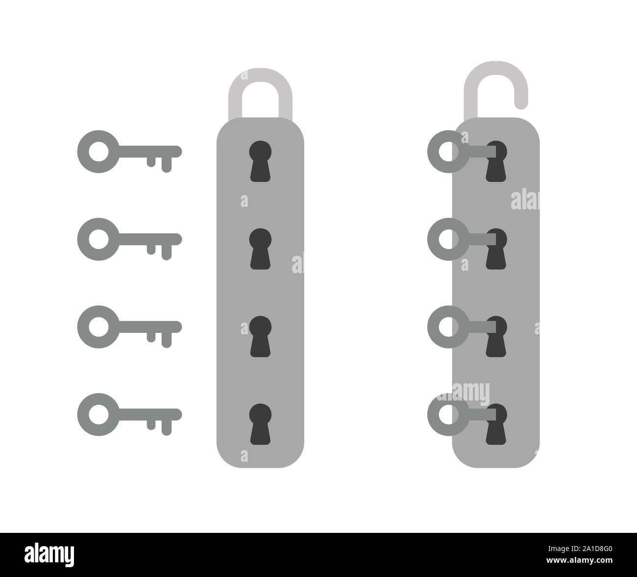 Vector Imposta icona del lucchetto con quattro serrature e chiavi e sbloccato. Schermo piatto a colori e stile. Illustrazione Vettoriale