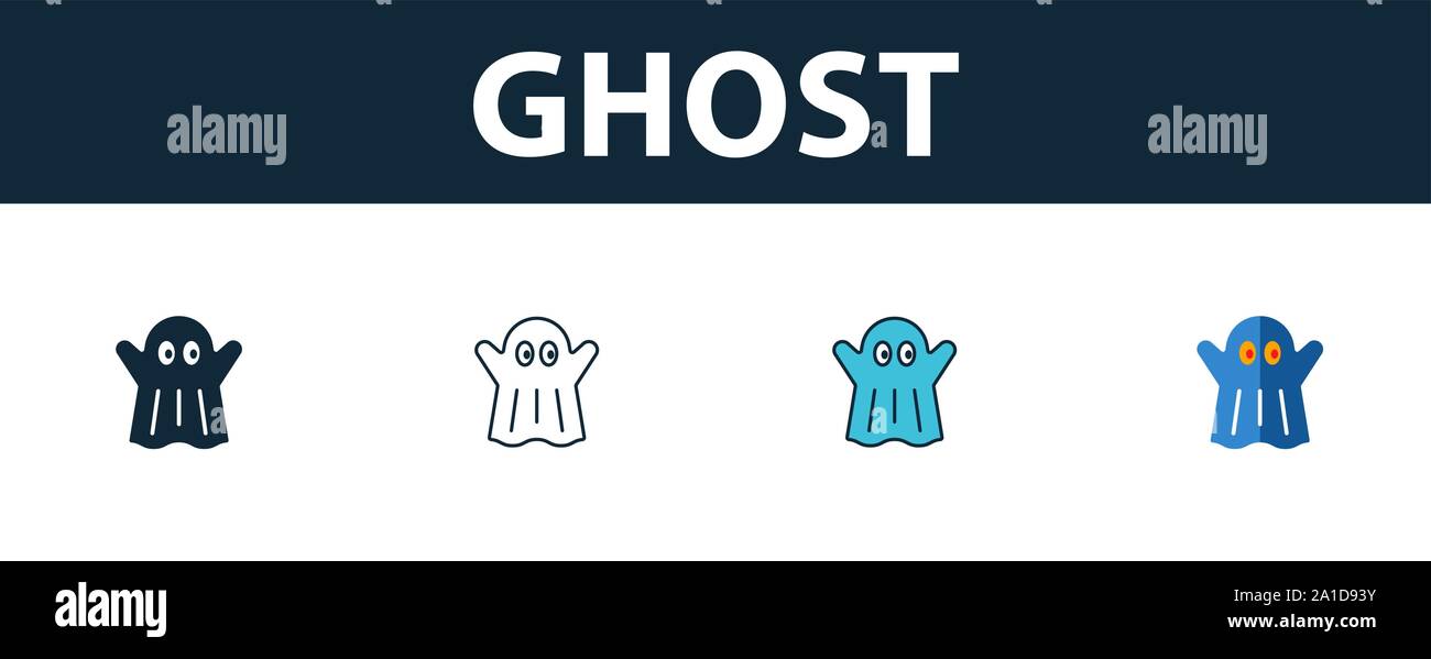 Ghost icon set. Simbolo di Premium in stili diversi da Halloween raccolta di icone. Creative icona fantasma riempito, del contorno colorato e simboli di Piana Illustrazione Vettoriale