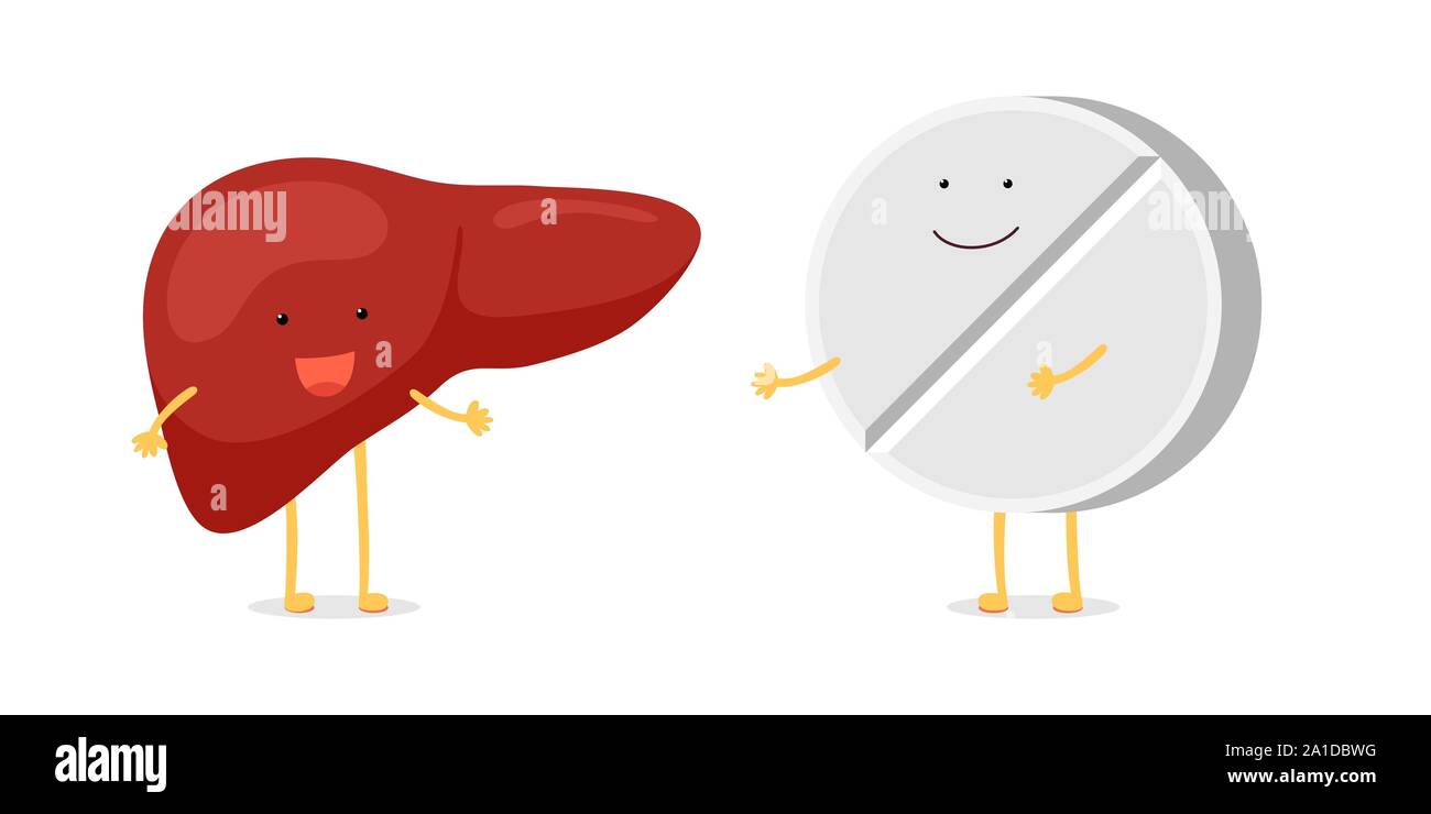 Carino cartone animato sano fegato umano felice emozione carattere con divertente sorridente farmaco pillola compresse. Concetto di amici medici sanitari. Cartoni animati vettoriali reversibile esocrina ghiandola organo illustrazione Illustrazione Vettoriale