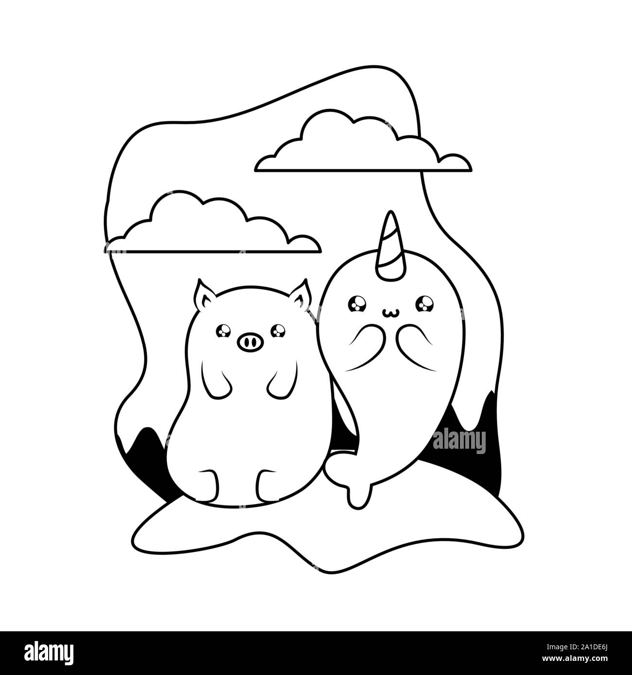 Carino narwhal con piggy baby animali kawaii illustrazione vettoriale design Illustrazione Vettoriale