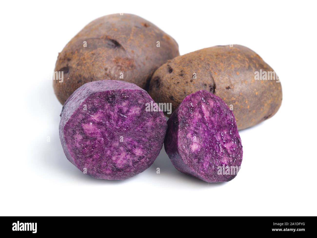 Patata Vitelotte, chiamato anche Vitelotte noire, Negresse o truffe de Chine. Isolato su sfondo bianco. Foto Stock