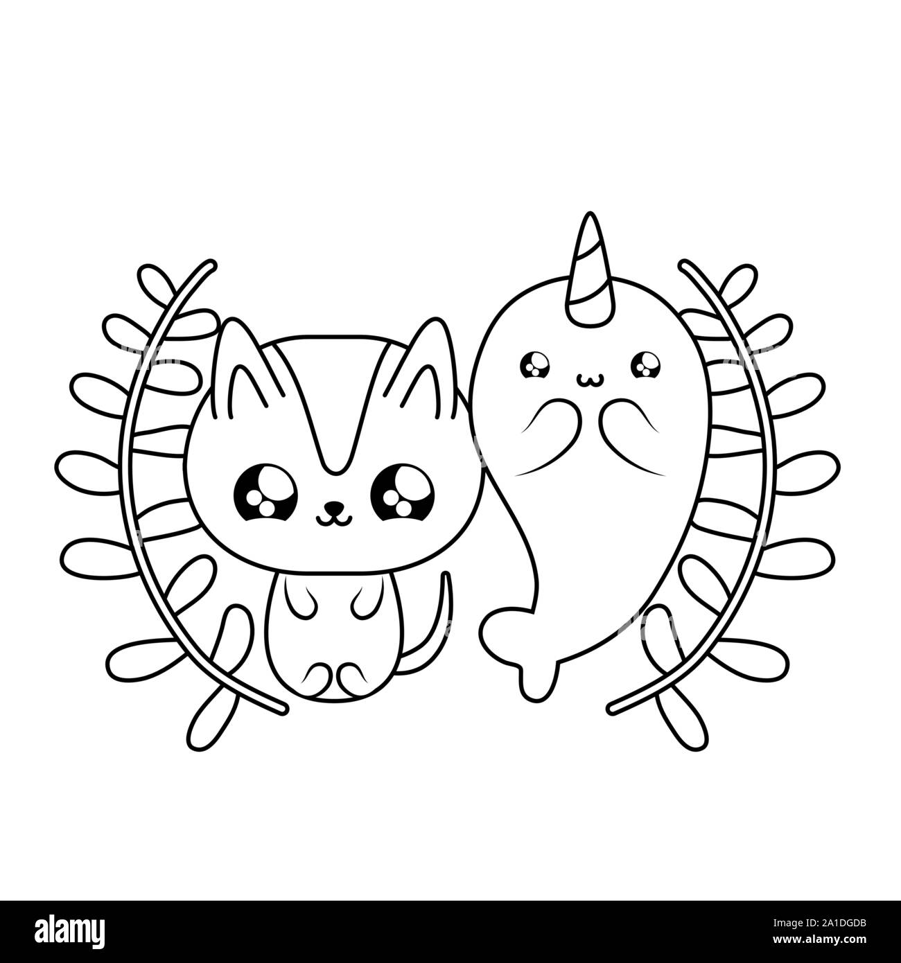 Carino narwhal con animali gatto baby kawaii illustrazione vettoriale design Illustrazione Vettoriale