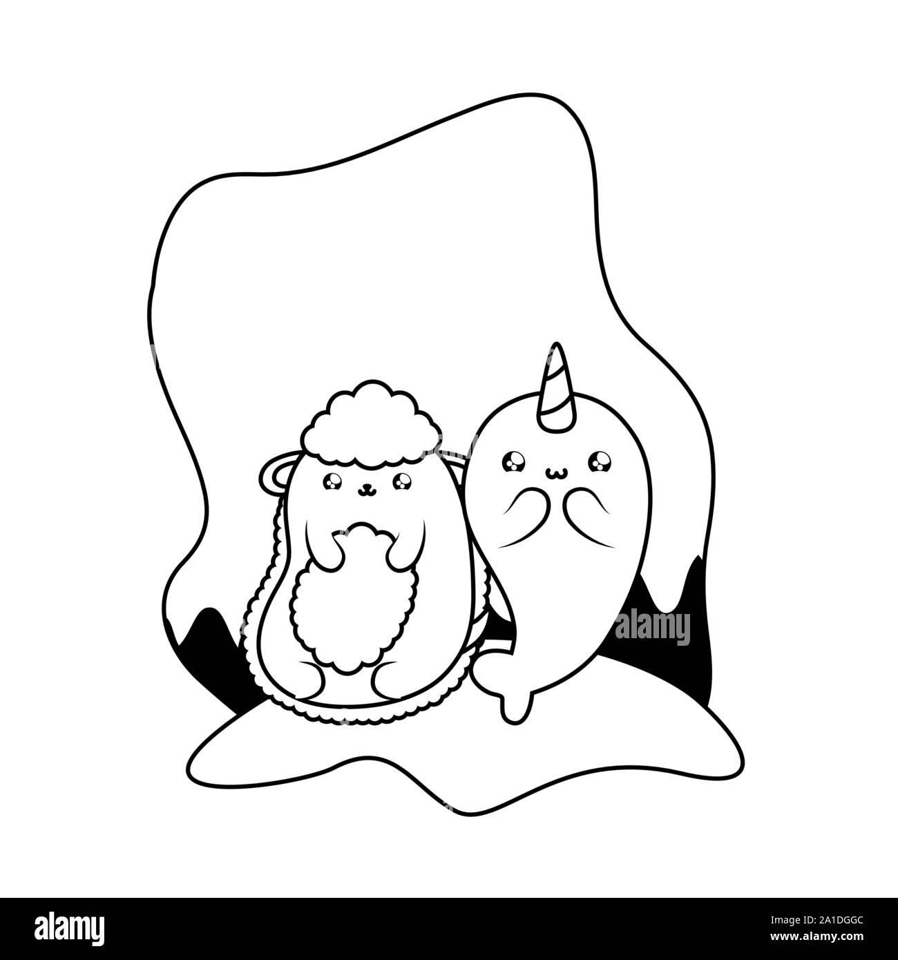 Carino narwhal con pecore baby animali kawaii illustrazione vettoriale design Illustrazione Vettoriale