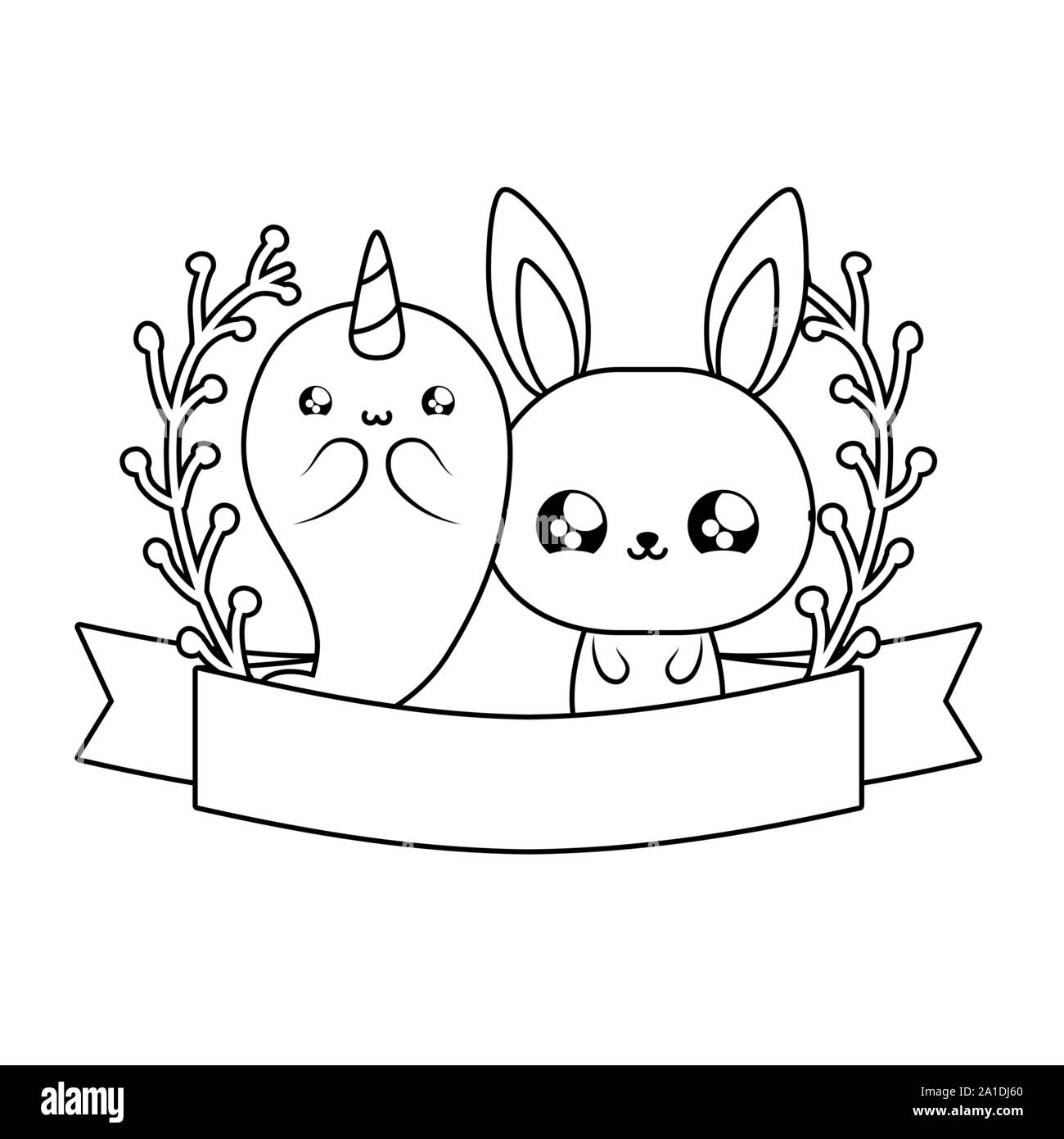 Carino narwhal con coniglio baby animali kawaii illustrazione vettoriale design Illustrazione Vettoriale
