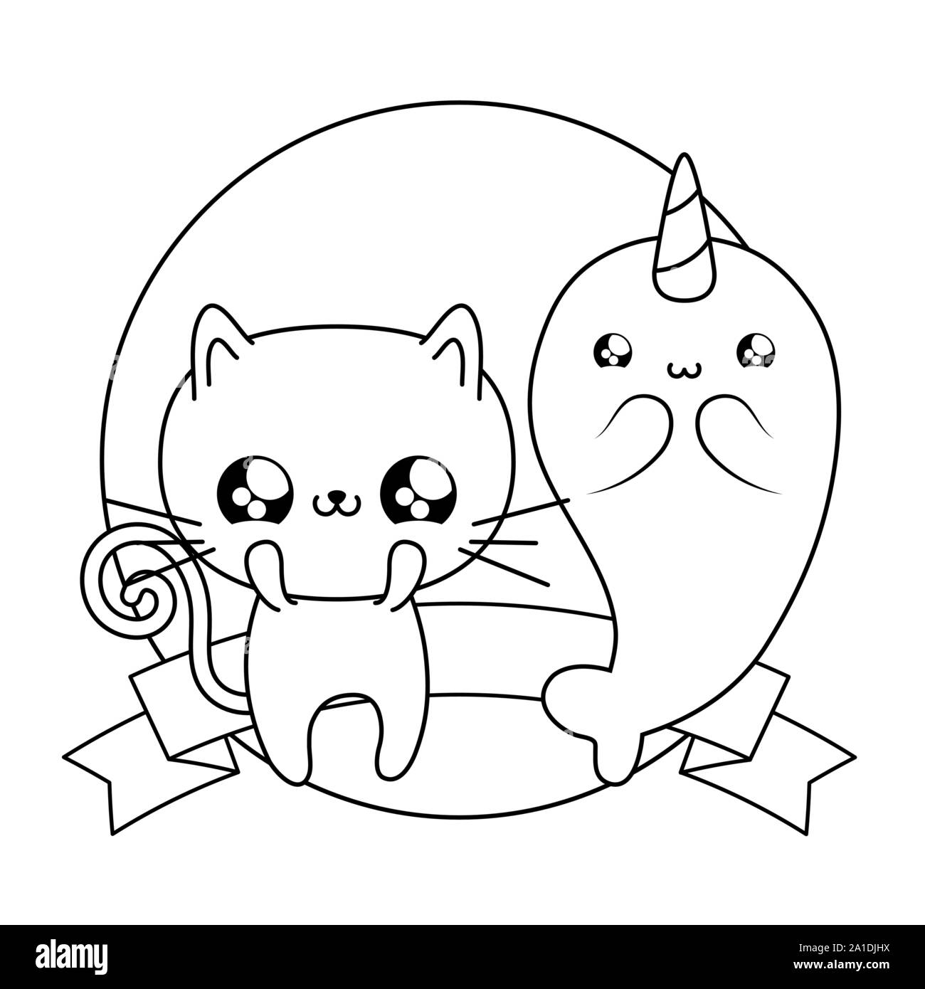 Carino narwhal con animali gatto baby kawaii illustrazione vettoriale design Illustrazione Vettoriale