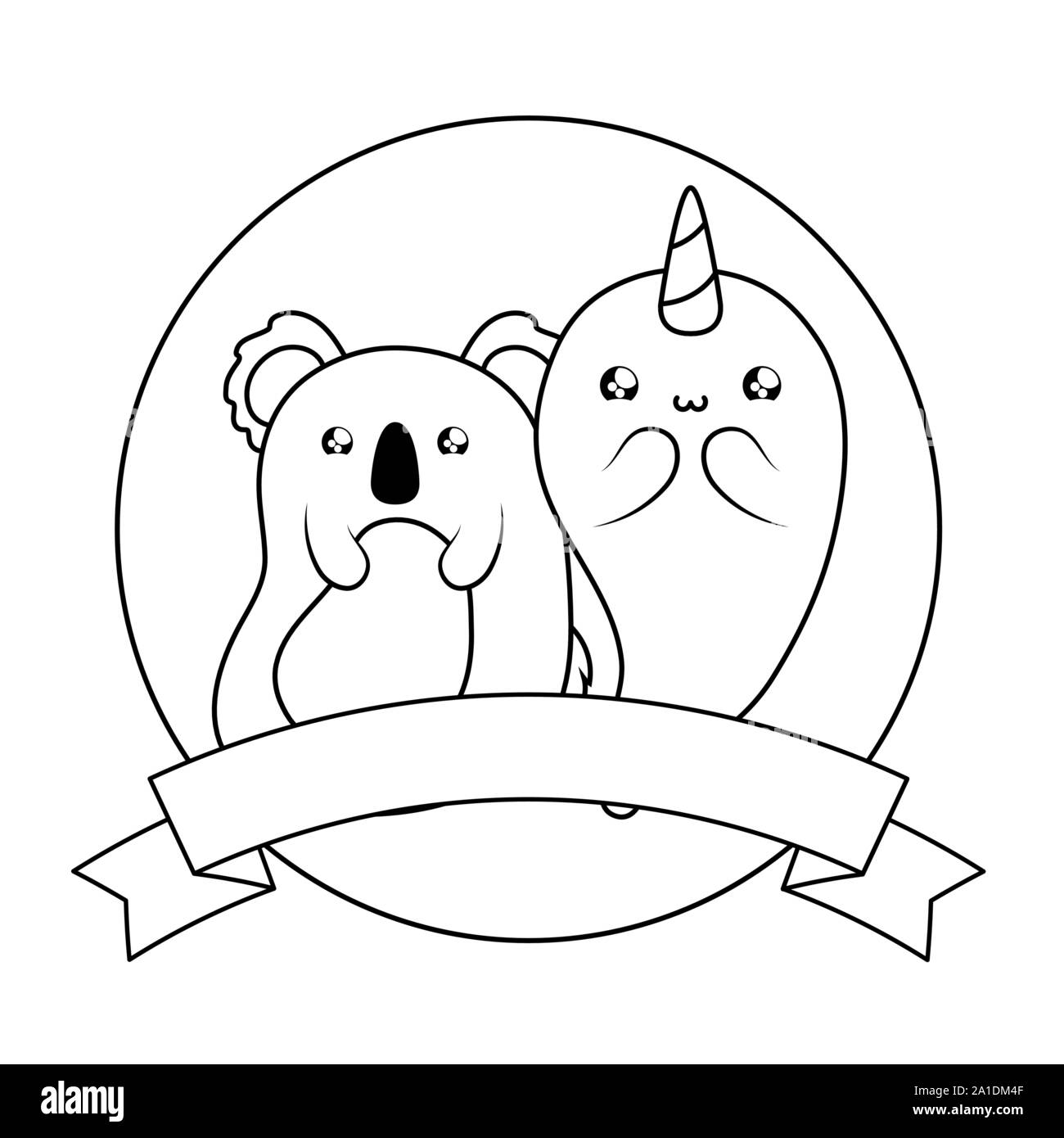 Carino narwhal con il koala baby animali kawaii illustrazione vettoriale design Illustrazione Vettoriale