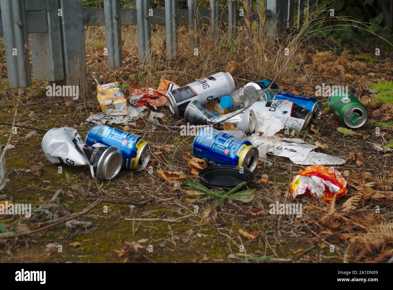 Lattine di bevande e di lettiera in plastica. Birmingham. Regno Unito Foto Stock