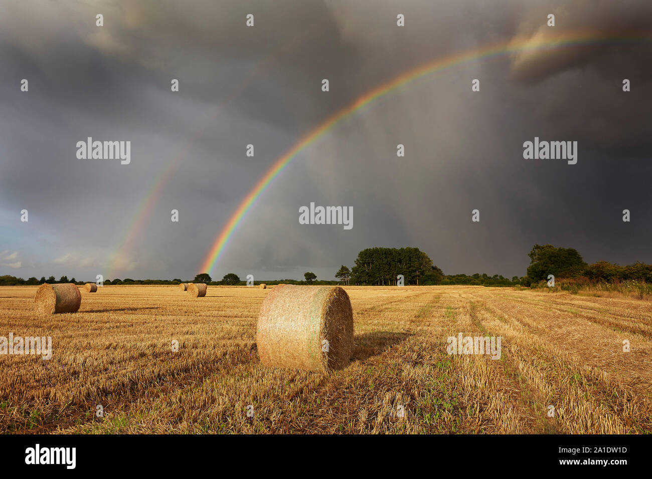 Doppio arcobaleno in un campo di raccolta di stoppia e balle di paglia, East Yorkshire, Regno Unito Foto Stock