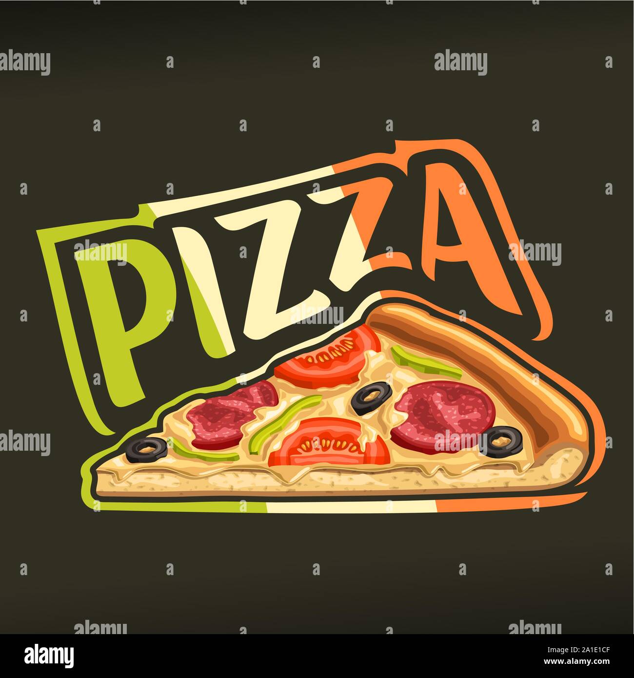 Poster del vettore per pizza: etichetta con isolati trancio di pizza fatta in casa con il formaggio fuso, salsiccia per pizza, pomodoro e olive, word pizza di colorati italiano f Illustrazione Vettoriale