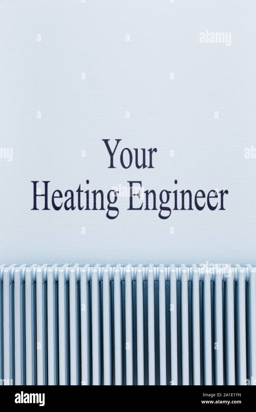Radiatore blu con testo il vostro tecnico di riscaldamento Foto Stock