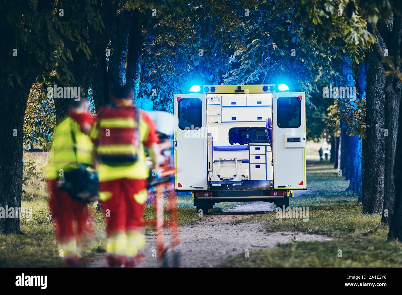Paramedico e medico spingendo barella con paziente in ambulanza di emergenza. I temi del lavoro di squadra di salvataggio e di speranza. Foto Stock
