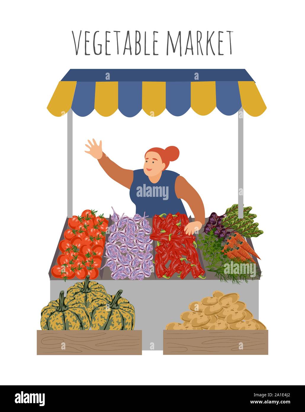 Mercato locale agricoltore vendere verdure producono in stallo con la tenda. Appartamento moderno stile illustrazione vettore isolato su sfondo bianco. Illustrazione Vettoriale