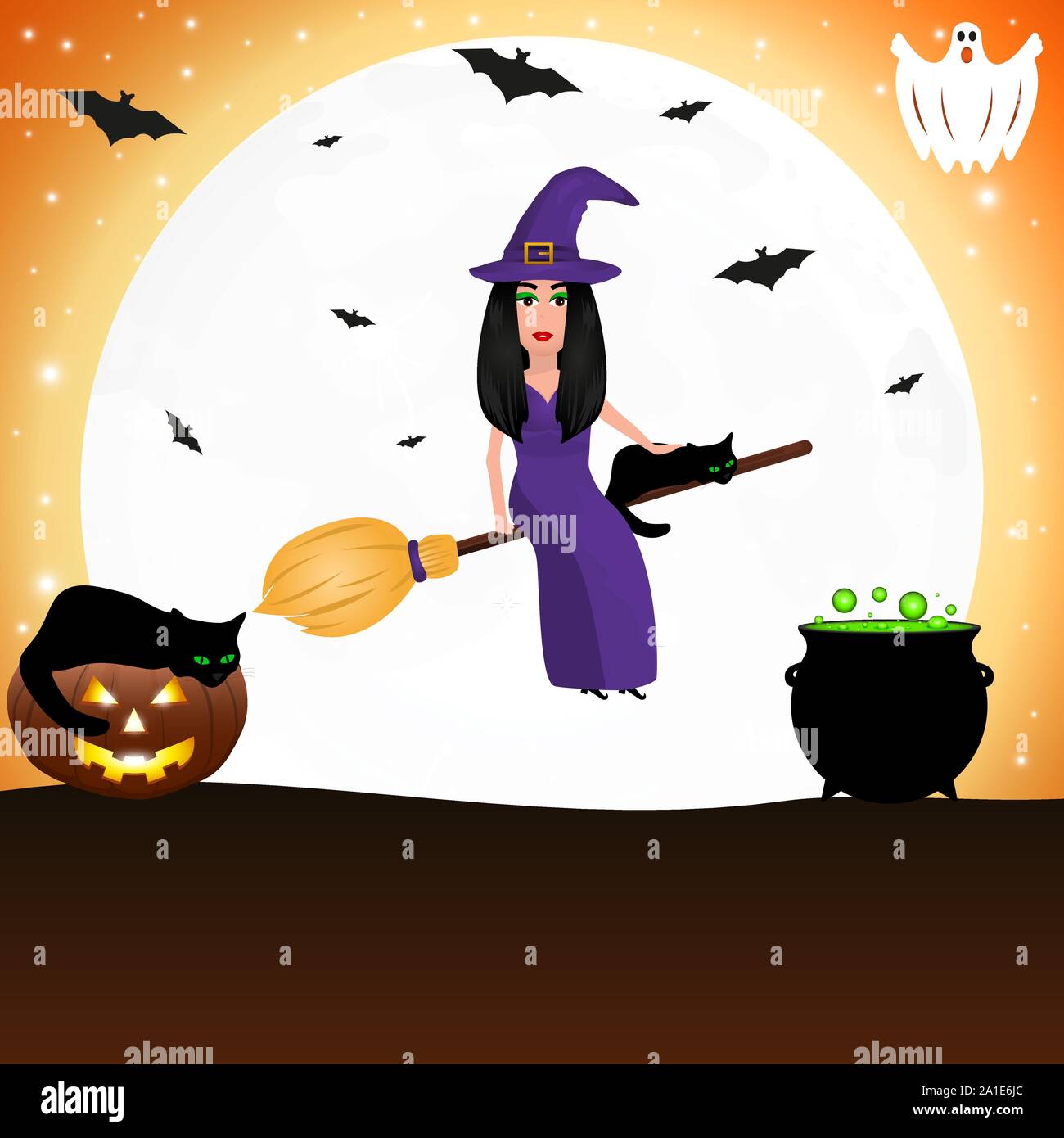 Strega con un gatto su una scopa per Halloween contro lo sfondo della luna con i pipistrelli. Illustrazione Vettoriale