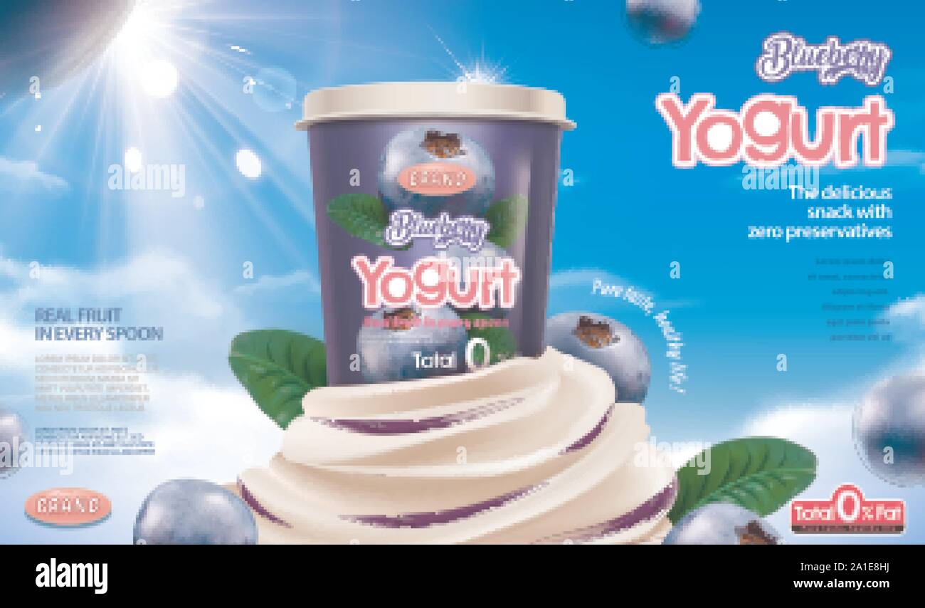 Mirtillo yogurt annunci con salsa di panna e su sfondo blu in 3D illustrazione Illustrazione Vettoriale