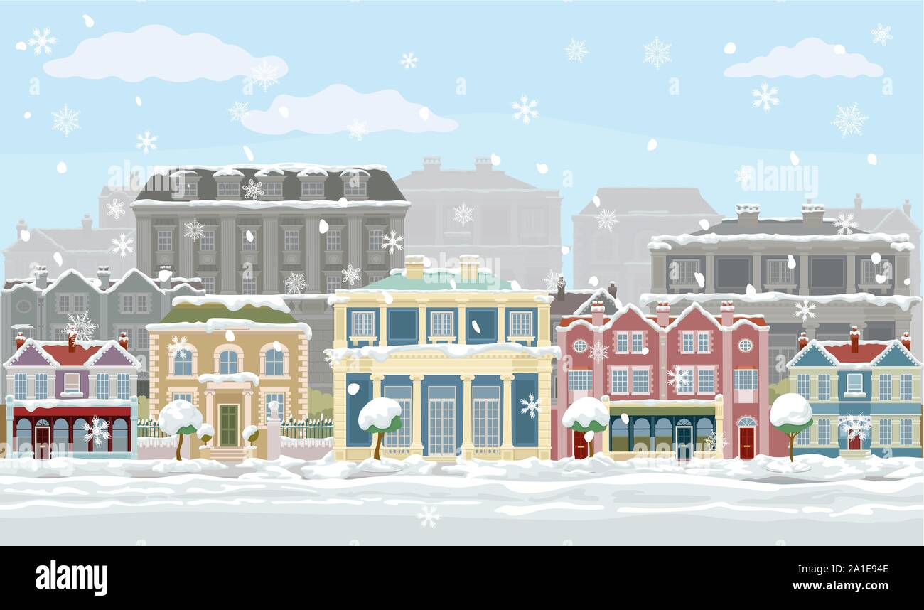 Neve natalizia case e negozi Scene di strada Illustrazione Vettoriale