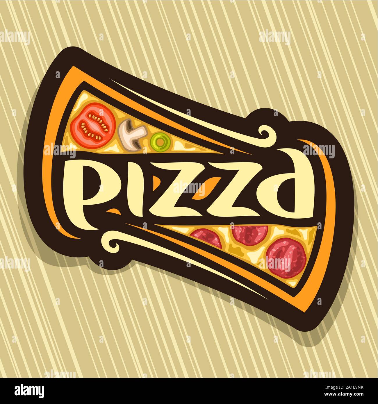 Poster del vettore per pizza: etichetta con un pezzo di pizza italiana con salsiccia per pizza sul tavolo di legno, formaggio fuso, pomodoro e salame ingrediente, logo creativo wi Illustrazione Vettoriale