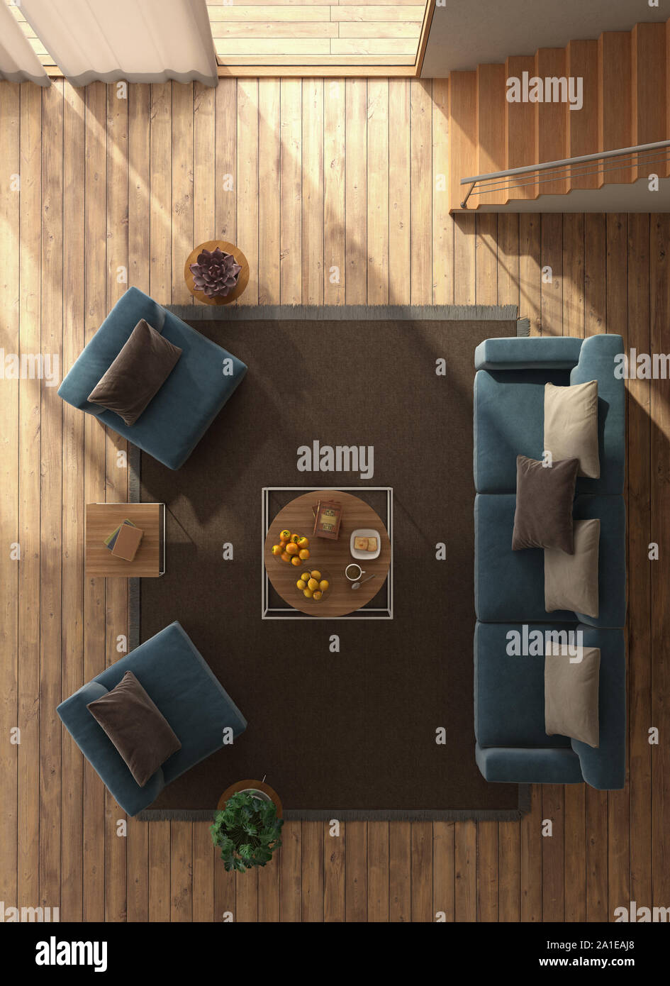 Vista dall'alto di un moderno soggiorno con divano blu,poltrone e scale in legno - 3d rendering Foto Stock