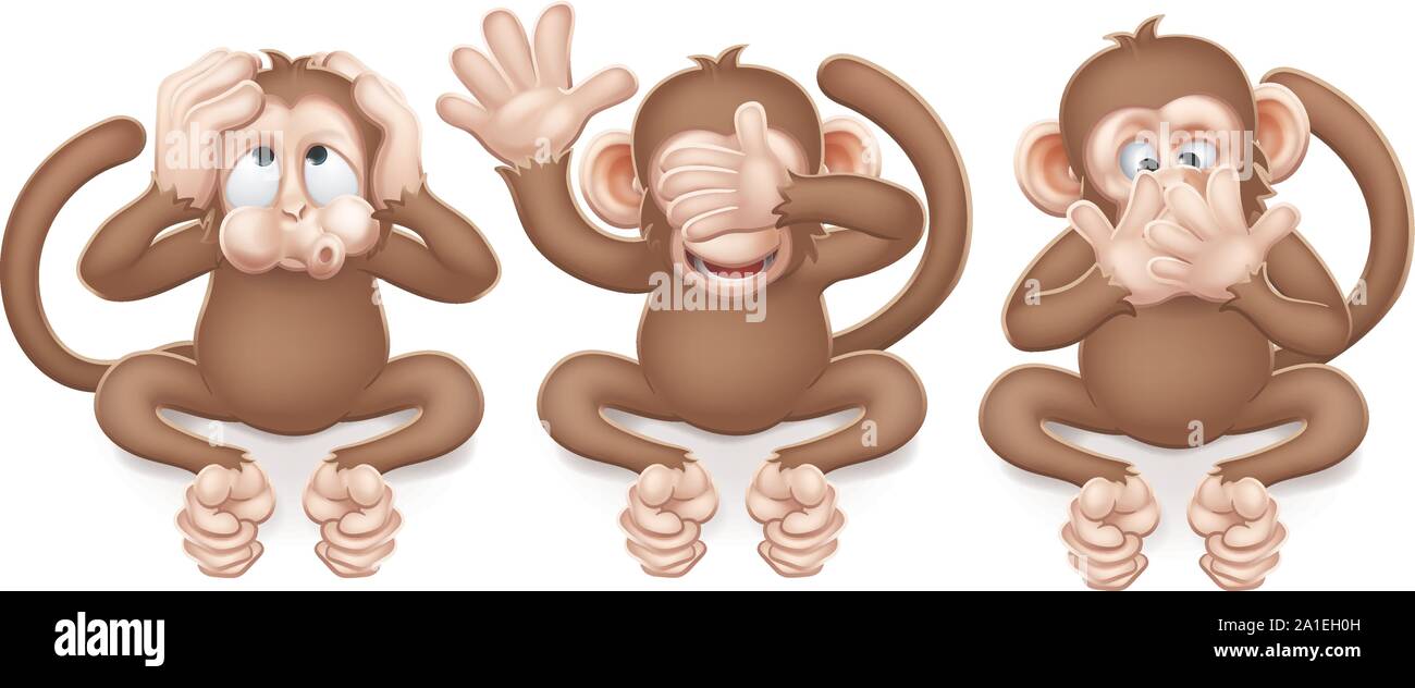 Le scimmie vedere sentire parlare Nessun male i personaggi dei cartoni animati Illustrazione Vettoriale