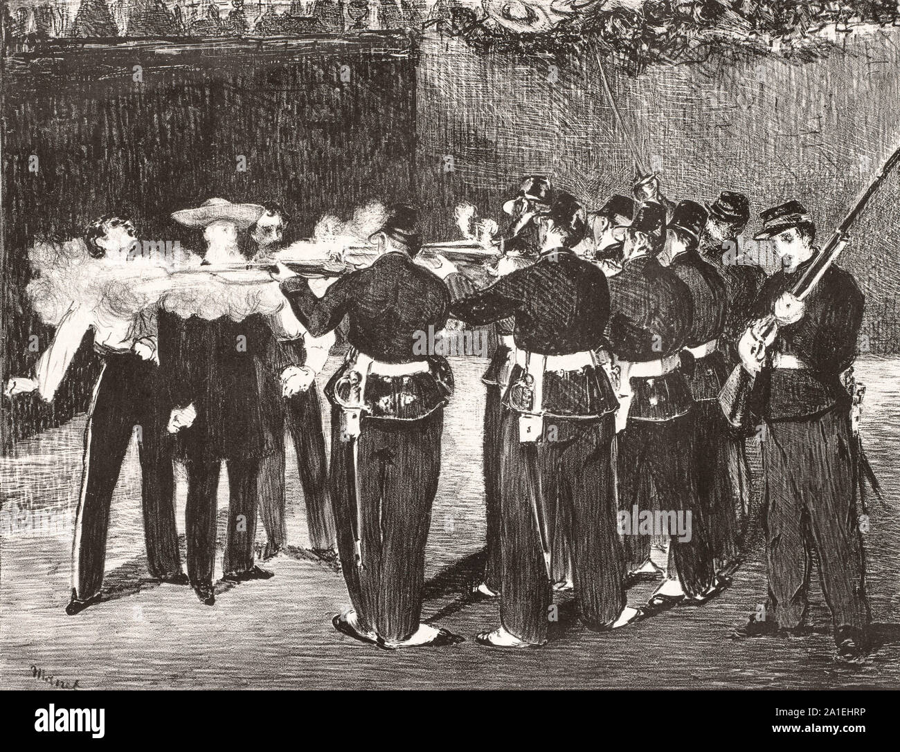 L'esecuzione dell'Imperatore Massimiliano. Litografia. 1867. Massimiliano I (1832 - 1867) era il solo monarca del Secondo Impero messicano. Egli era un fratello più giovane dell'imperatore austriaco Francesco Giuseppe I. Foto Stock