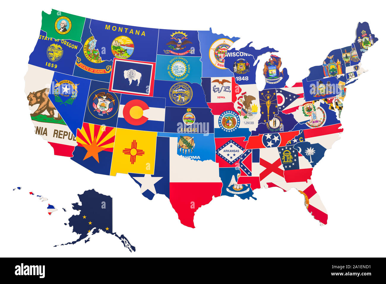 Stati Uniti d'America map con flag di stato, rendering 3D isolati su sfondo bianco Foto Stock