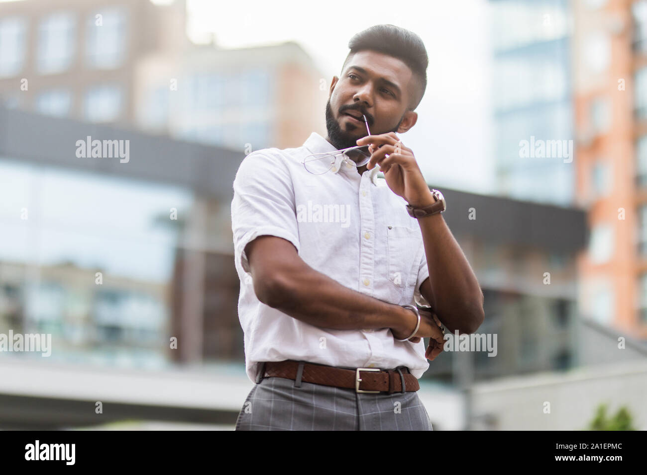 Asian business man attraversando il braccio ritratto di asiatici, indiani del nord e di successo imprenditore fiducioso Foto Stock