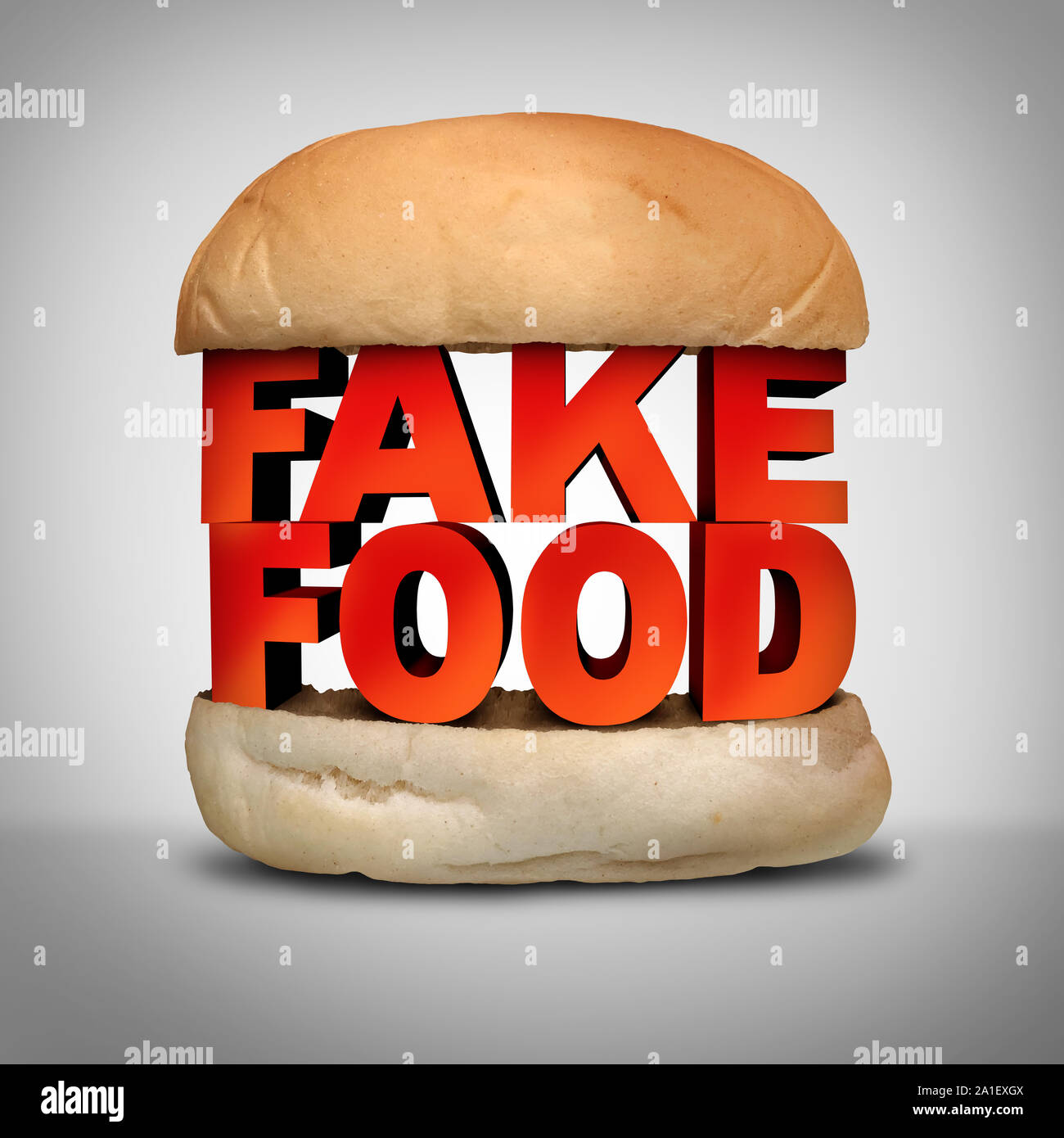 Falso Concetto di cibo e la contraffazione di pasto come un hamburger bun con ingredienti fraudolenti travisando un prodotto al mercato. Foto Stock