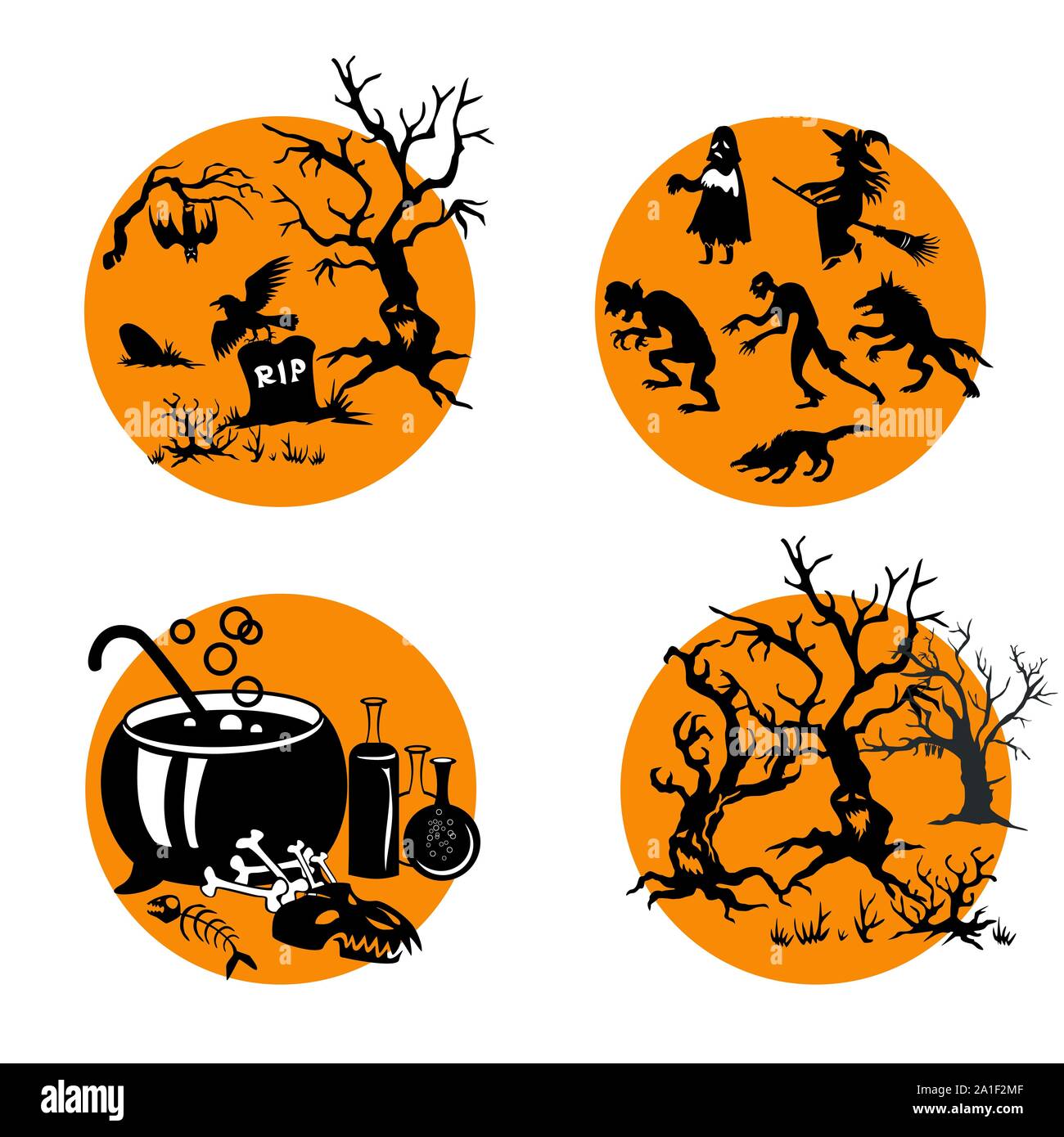 Set di vettore per la festa di Halloween, quattro illustrazione di piccole dimensioni con caratteri di Halloween (tomba con albero, Halloween gli spiriti malvagi, calderone con le ossa e il gruppo Illustrazione Vettoriale
