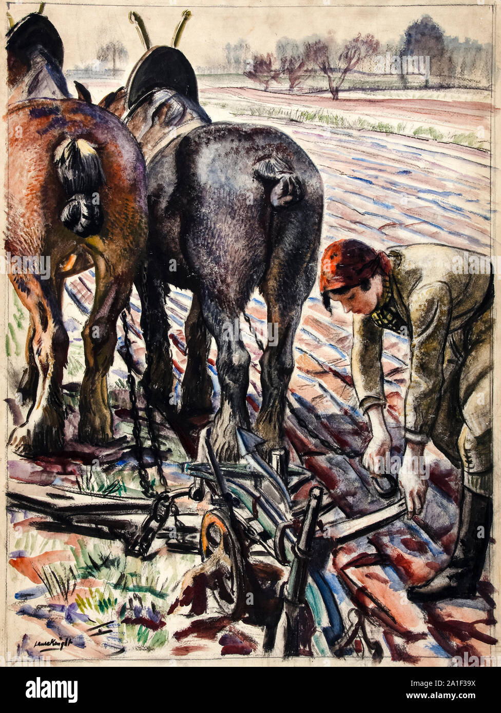 British WW2 produzione alimentare, ragazze di terra: Aratro trainato da cavalli e ragazza di terra, pittura, 1939-1946 Foto Stock