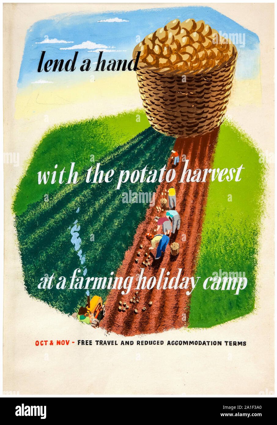 British, WW2, la produzione alimentare poster, dare una mano con il raccolto di patate in un allevamento holiday camp, poster, 1939-1946 Foto Stock