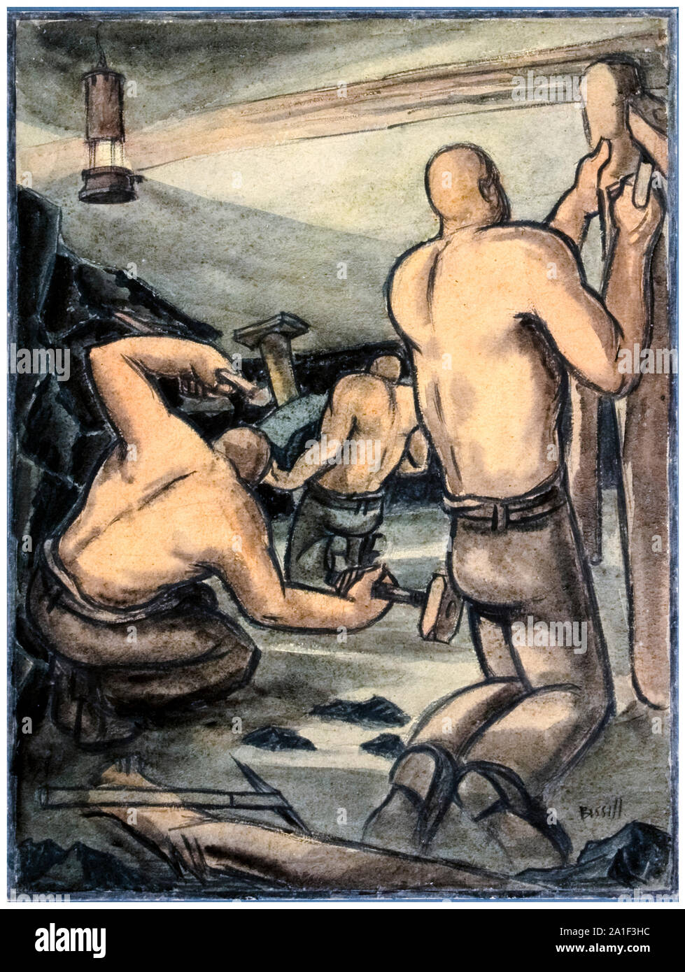 British, WW2, industria, miniere di carbone (Bevin Boys) durante il lavoro di taglio e di carbone puntellatura, poster, 1939-1946 Foto Stock