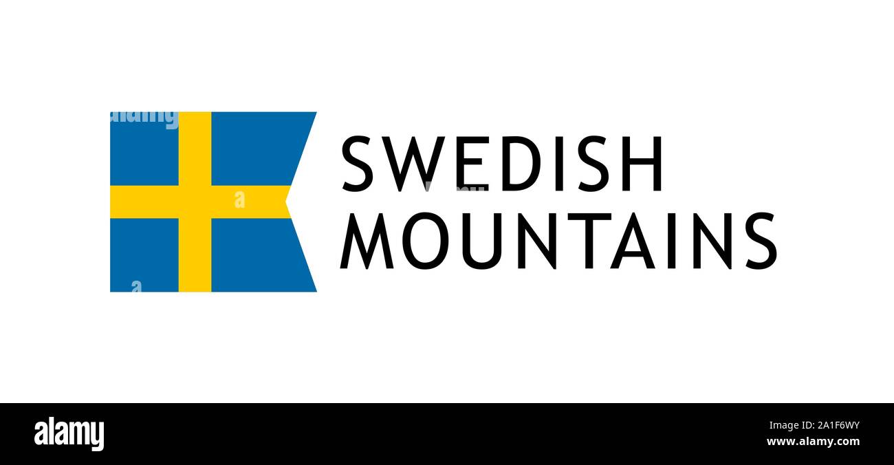 Logotipo modello per escursioni di montagna svedesi, vettore amabile illustrazione intelligibile con la bandiera nazionale della Svezia isolato su sfondo bianco. Illustrazione Vettoriale